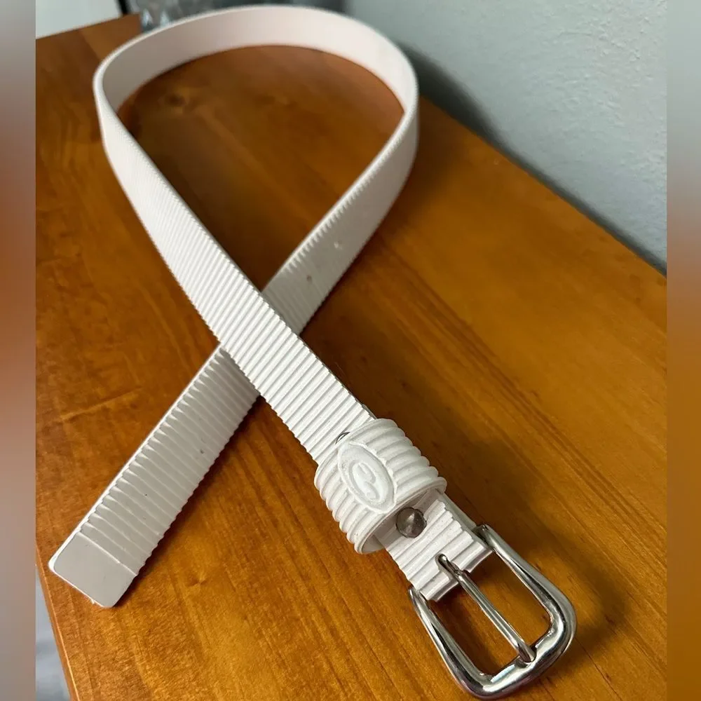 Vintage Liz Claiborne White Ribbed Belt Silver Buckle. Large